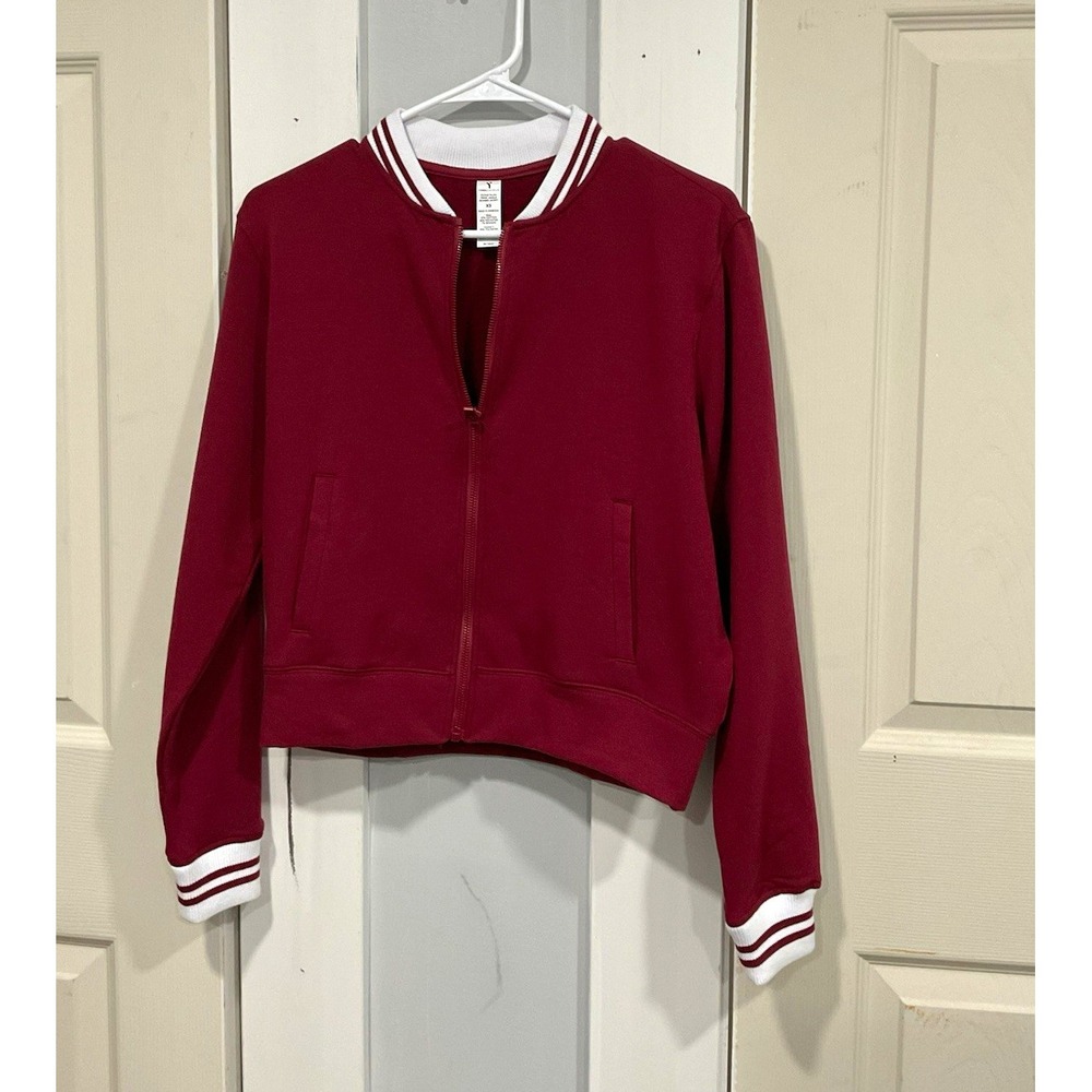 Yogalicious Cloud Plush Prime League Bomber Jacket Full Zip Pockets XS Red/White